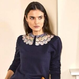 New! BODEN Hattie Sweatshirt Scalloped Floral Peter Pan Collar Navy 8